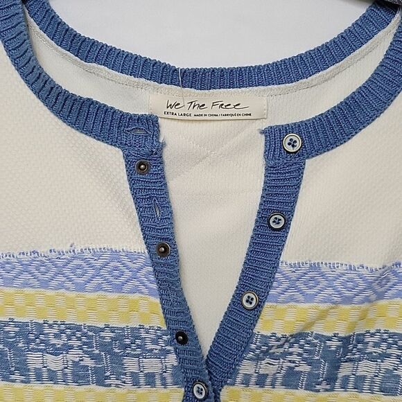 NEW XL FREE PEOPLE BLUE YELLOW CREAM NORDIC BUTTON SWEATER Apres Ski NWT - Picture 6 of 14